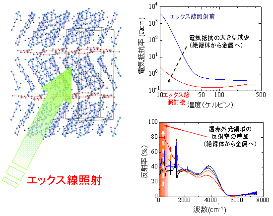 分子でできた有機モット絶縁体（左図）にエックス線照射すると電気抵抗が大きく減少します。