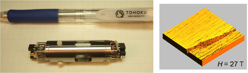 (Left) High-field scanning tunneling microscope.  (Right) Atomic step structure of graphite observed in the hybrid magnet (27T).