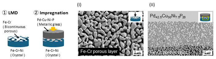 金属溶湯脱成分法を通じて作製した共連続構造を有するFeCr-Mgコンポジットの(左)機械的特性と(右)その組織