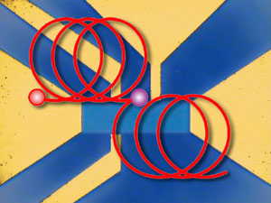 Optical microscope image of a quantum Hall device made of ZnO (background)  and schematic illustration of a two-dimensional electron moving under magnetic field.